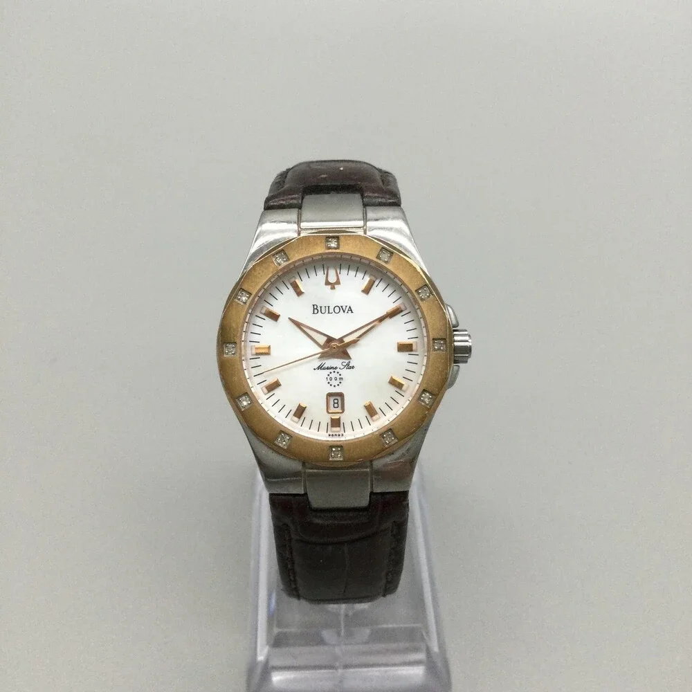 Bulova Marine Star Womens Watch 30mm Brown Leather 98R93 NOT RUNNING FOR PARTS